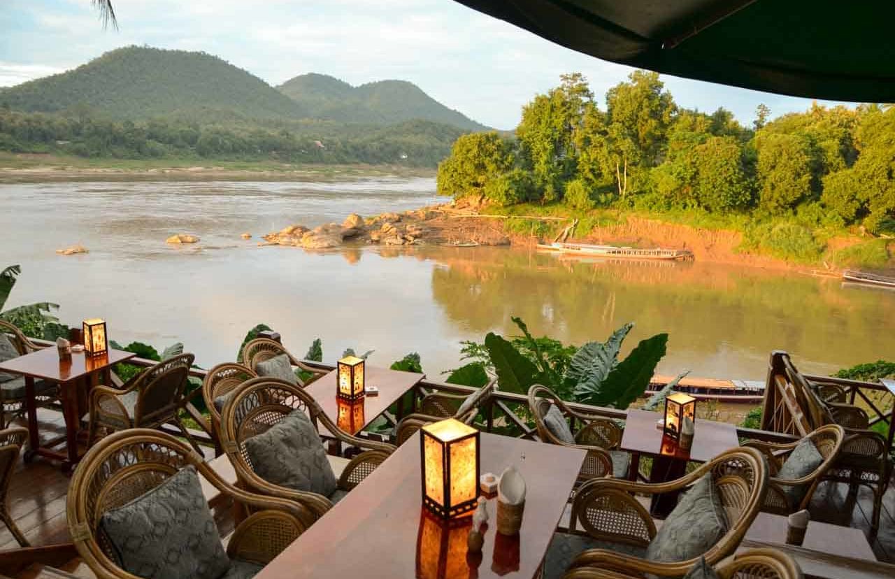 Beautiful view on confluence of Nam Khan and Mekong at Viewpoint Restaurant by Mekong Riverview Hotel Luang Prabang, Laos