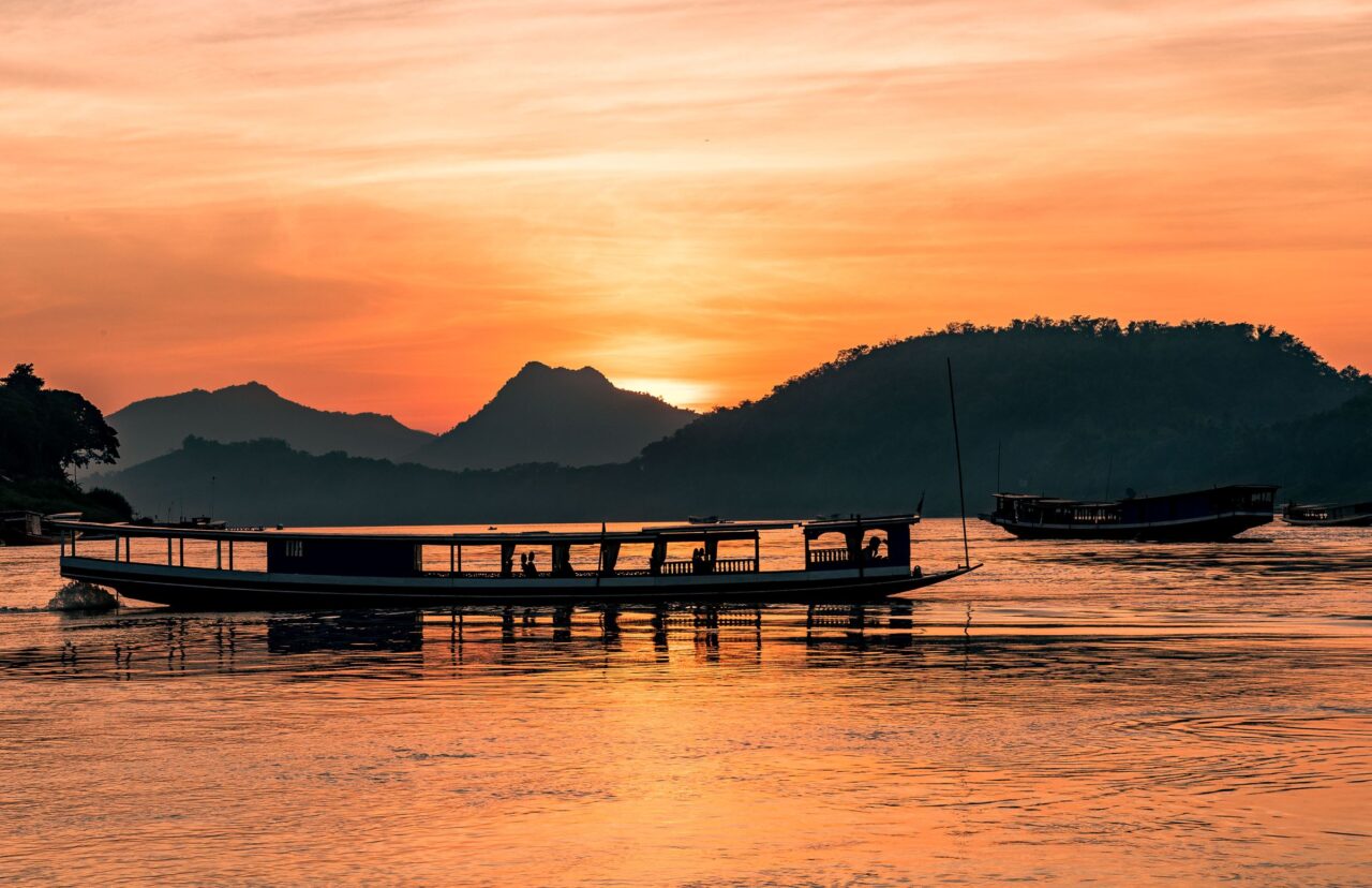 Romantic Sunset Cruise on the Mekong with the luxurious boat of Mekong Riverview Hotel Luang Prabang, Laos.