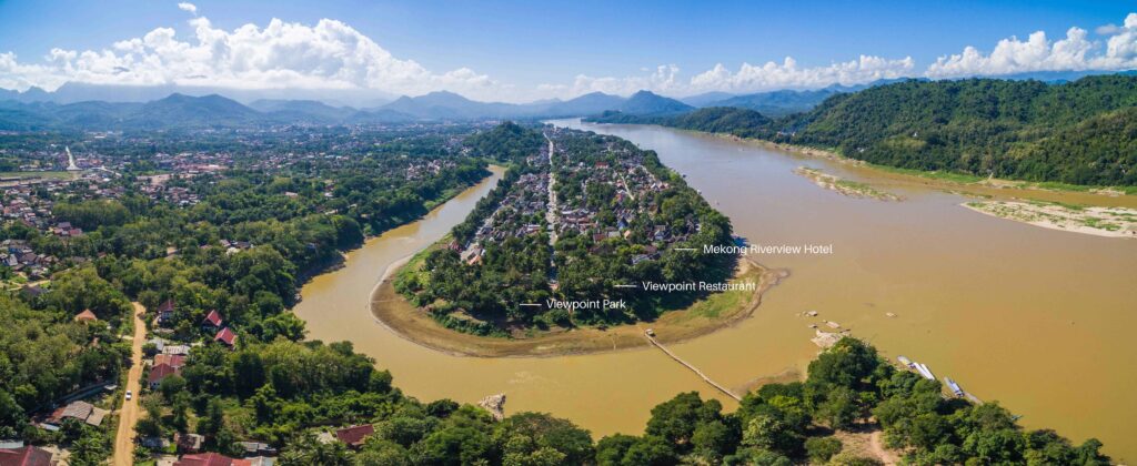 Luang Prabang, Laos, from the air. View on Peninsula, Nam Khan River and Mekong River.